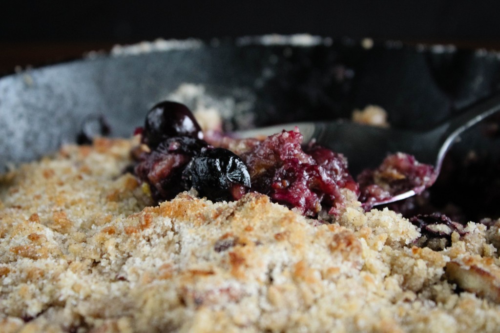 blueberry crisp with spoon close up