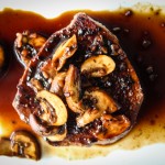 steak with mush glaze above