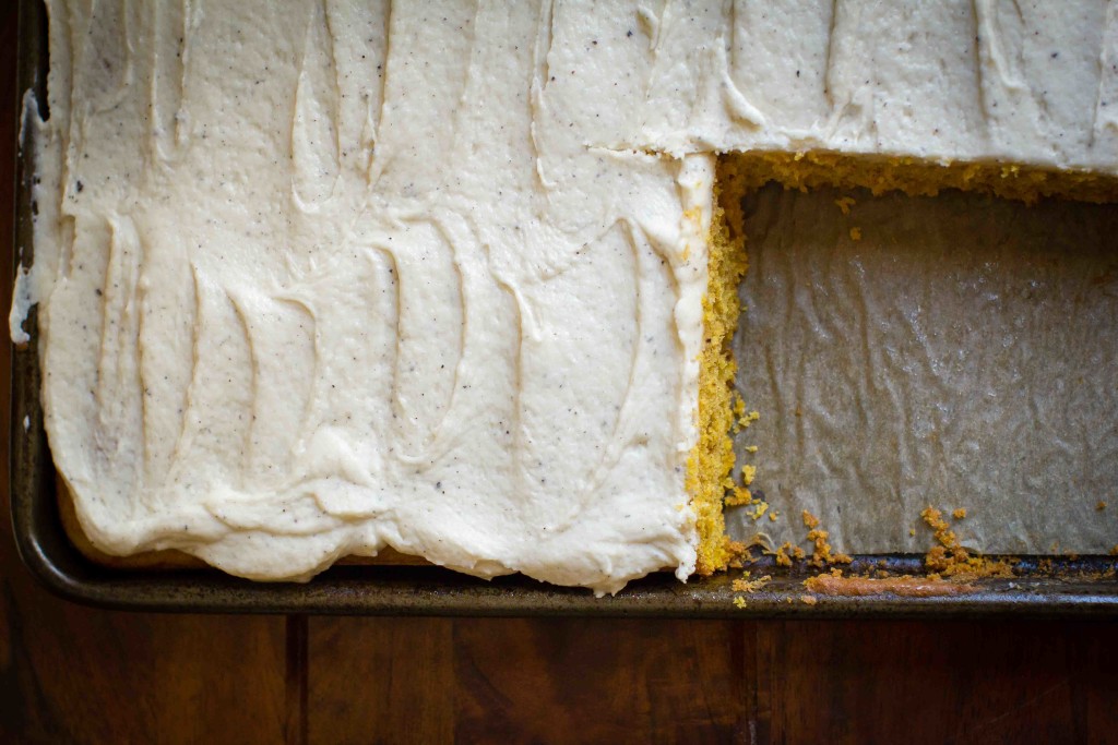 Pumpkin Sheet Cake frosted cut up close* || bakesinslippers.com