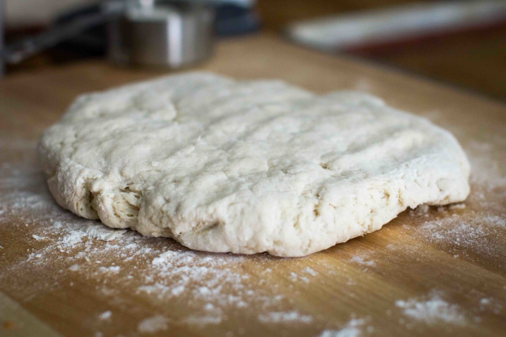 Southern Buttermilk Biscuits dough on board -- bakesinslippers