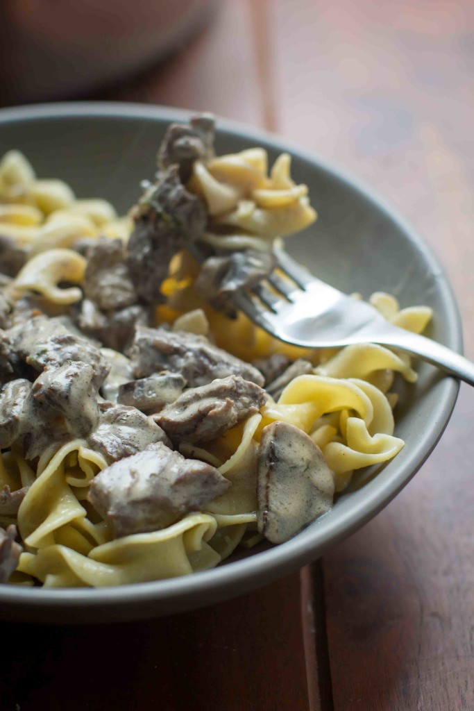 steak and mushroom stroganoff in bowl 4 bakesinslippers.com
