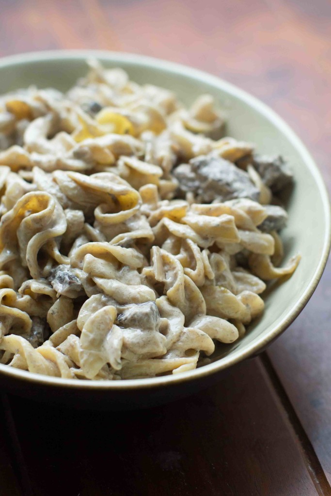 steak and mushroom stroganoff in serving dish* bakesinslippers.com