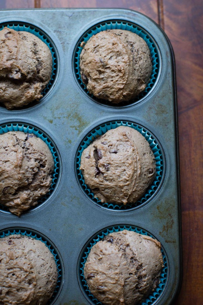 Double Chocolate Muffins side view || bakesinslippers.com