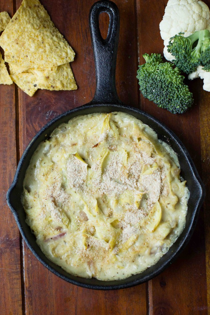 Artichoke Dip cast iron with chips 2 || bakesinslippers.com
