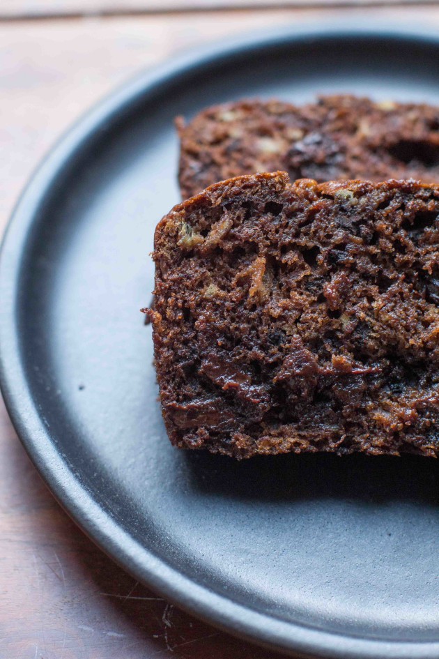 Chocolate Chocolate Banana Cake sliced -- bakesinslippers.com